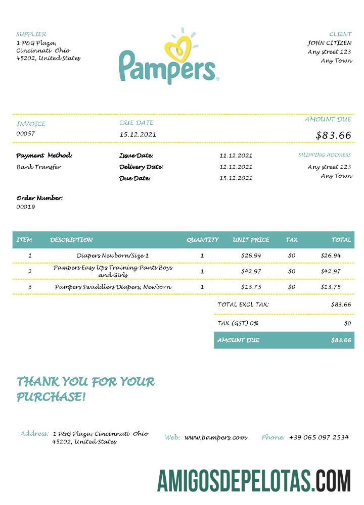 Fatura Pampers dos EUA exemplo real